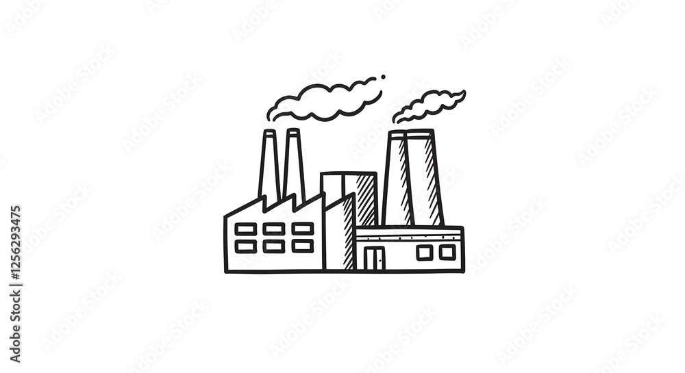Obraz premium Simple Factory Outline with Smoke Stacks on White Background Illustration. Generative AI
