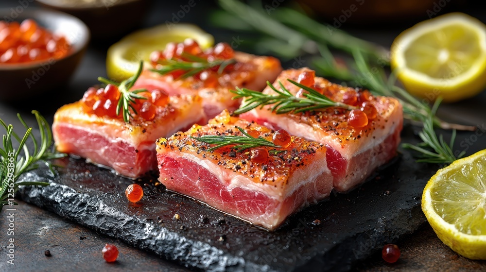 Gourmet dish featuring seared meat garnished with herbs and lemon slices. Gourmet dish featuring seared meat garnished with herbs and lemon slices.