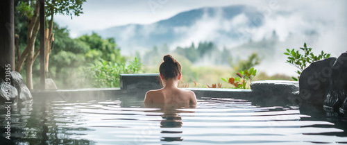 A woman relaxing in a serene outdoor bath, surrounded by nature and misty mountains, symbolizing tranquility, wellness, and natural beauty in a peaceful spa setting. photo