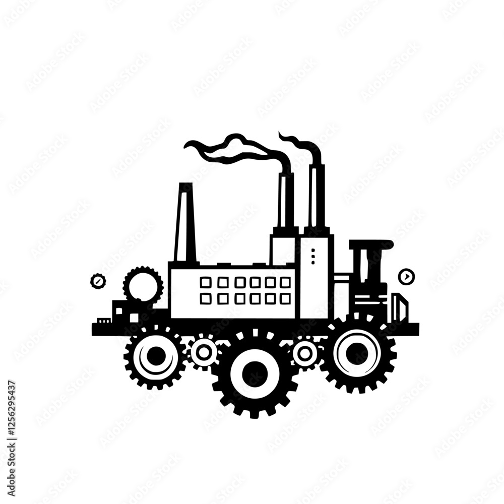 Fototapeta premium A black and white illustration depicting a stylized factory on wheels, with gear and clock details, representing industry.