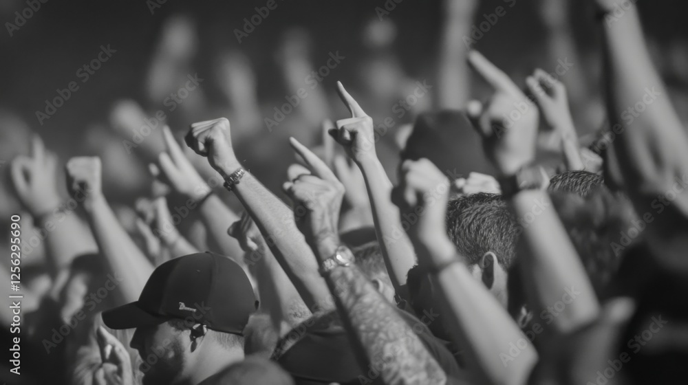 Fototapeta premium Crowd cheering at concert, hands raised, stage background