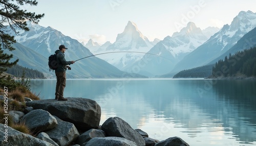 Fisherman enjoying peaceful moment fishing in serene mountain lake photo