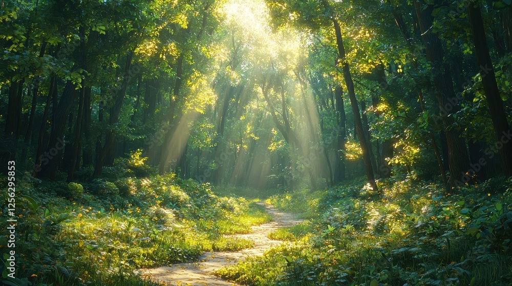 Fototapeta premium Sunlit Forest Path - A Tranquil Nature Escape