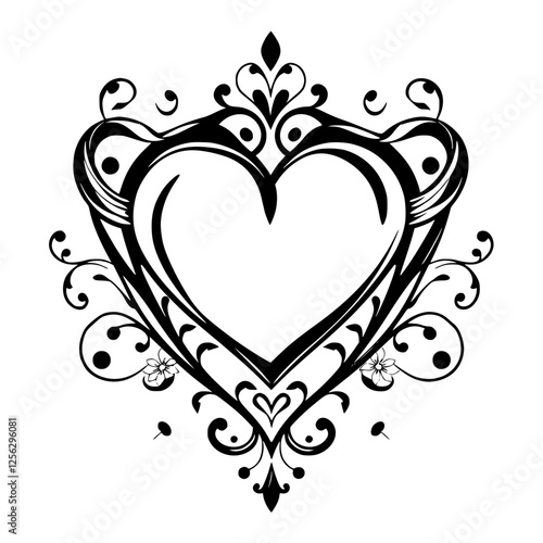 A heart-shaped border with delicate floral patterns in black and white, enclosed by a ornate stylized decorative frame.