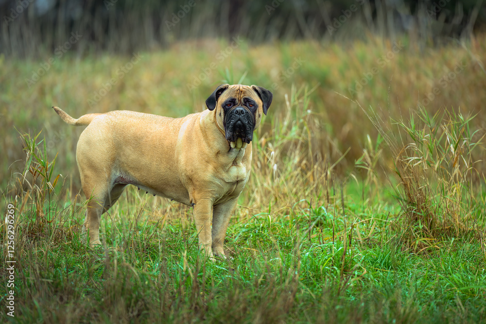 2024-11-26 SIDE SHOT OF A LARGE FAWN COLORED BULLMASTIFF STANDING IN A LUSH FIELD AT THE OFF LEASH DOG ARAEA AT MARYMOOR PARK IN REDMOND WASHINGTON 2024-11-26 SIDE SHOT OF A LARGE FAWN COLORED BULLMASTIFF STANDING IN A LUSH FIELD AT THE OFF LEASH DOG ARAEA AT MARYMOOR PARK IN REDMOND WASHINGTON