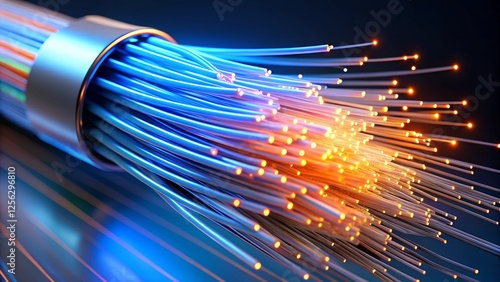 Glowing Fiber Optic Cable with Blue and Orange Light Emission