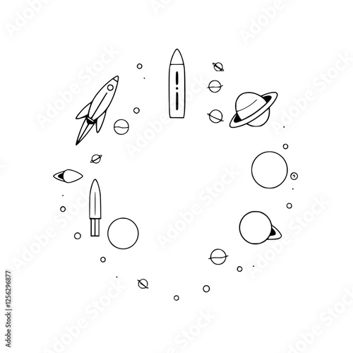 Minimalist space-themed illustration of rockets, planets, and asteroids in a circular arrangement.