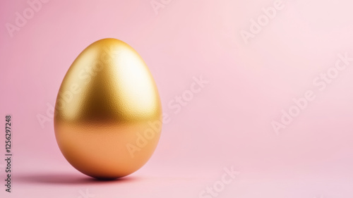 Artistic golden egg minimalist design standing alone on soft pink background with ample copy space for creative applications and promotional use photo