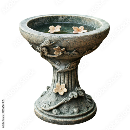 Принти на полотні Elegant Stone Birdbath with Floral Design on a white background.