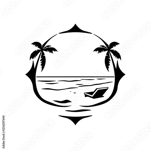 Minimalist beach scene featuring palm trees, a chaise lounge, and a stylized frame.