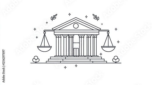 Justice Building Icon, Scales of Justice, Court House, Simple Line Art, Background Decorated, Use Stock Illustration, Design Element photo