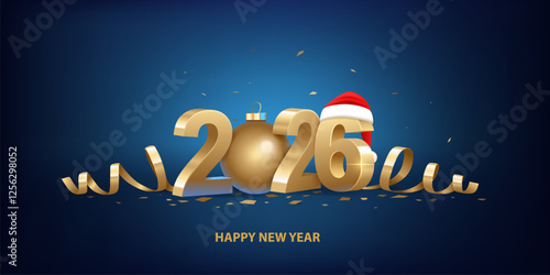 Happy New Year 2026. Golden 3D numbers with Santa hat, golden Christmas ball and confetti on a blue background.