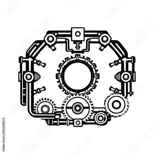 Intricate Steampunk Gear Mechanism in Black and White, illustrating design and industrialization.