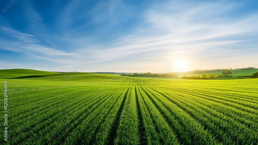 Vibrant flower rows flourish in a neat field surrounded by rolling green hills under a bright sky at sunrise Vibrant flower rows flourish in a neat field surrounded by rolling green hills under a bright sky at sunrise