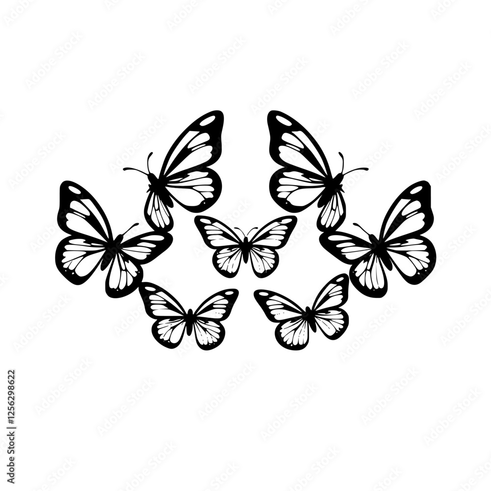 Fototapeta premium Simplistic illustration of seven butterflies in a circular pattern on a white background.
