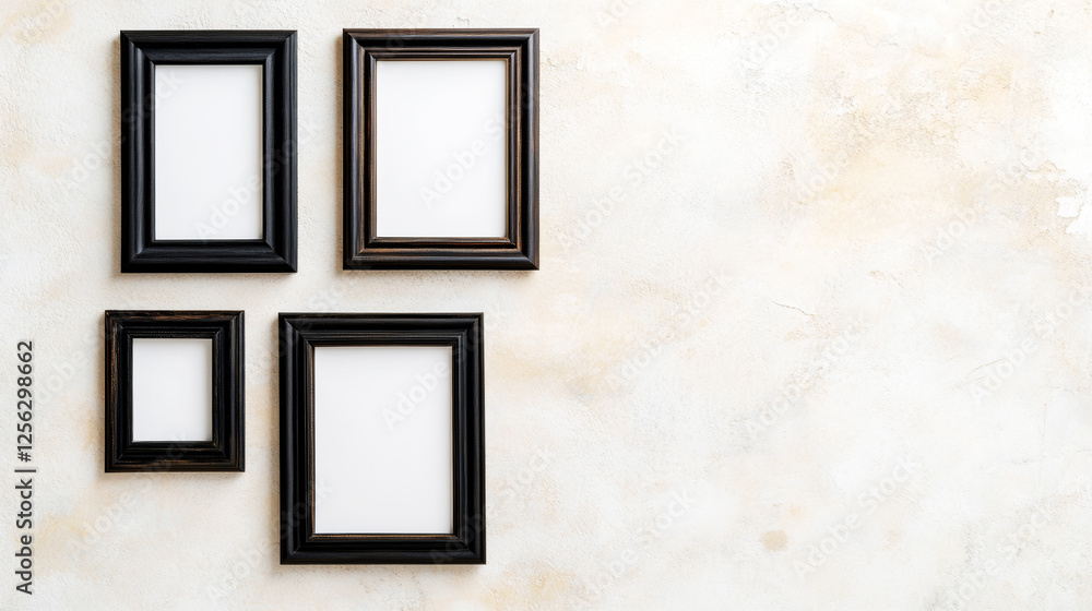 Four antique inspired black bordered frames with organic imperfections against a textured wall, showcasing faded cracks and a minimalist grunge aesthetic Four antique inspired black bordered frames with organic imperfections against a textured wall, showcasing faded cracks and a minimalist grunge aesthetic