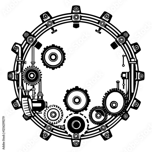 Intricate illustration of a steampunk mechanism, revealing gears, pipes, and other components.