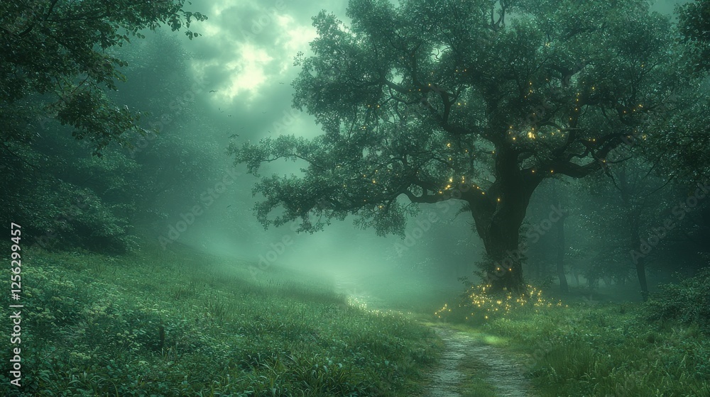 Obraz premium Enchanted Forest Path in Misty Woods
