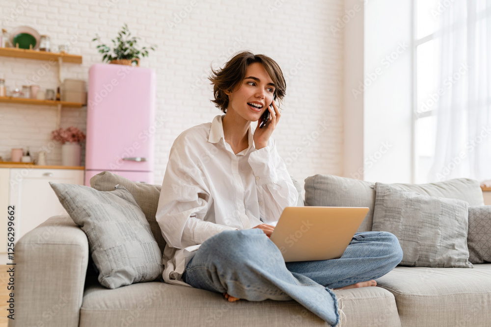 Fototapeta premium young pretty woman working online freelancer, remote job