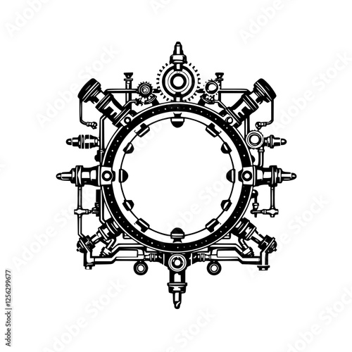 **Complex Steampunk Device: Circle Frame with Gears, Pipes, and Pistons in Black and White, Steampunk Style**
