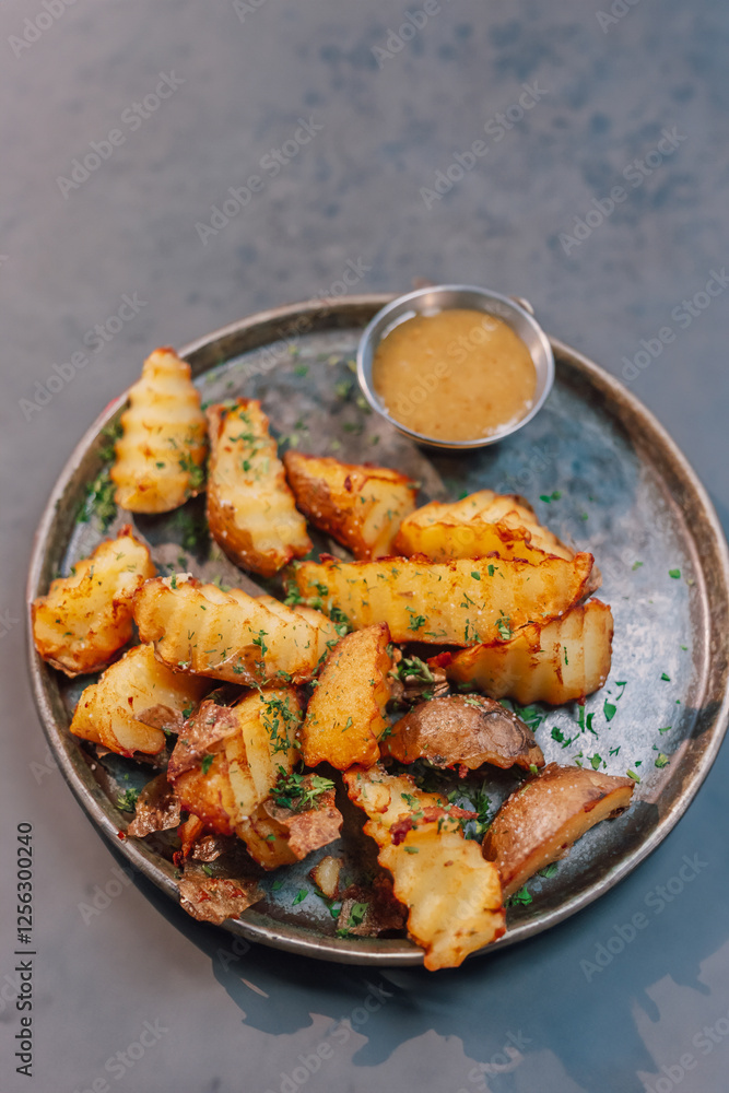 Country-style potatoes at the table Country-style potatoes at the table