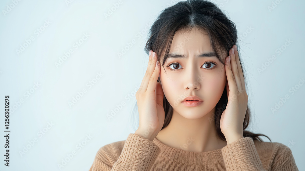 Young Asian woman with distressed expression gently massaging her temples against a solid white background Young Asian woman with distressed expression gently massaging her temples against a solid white background