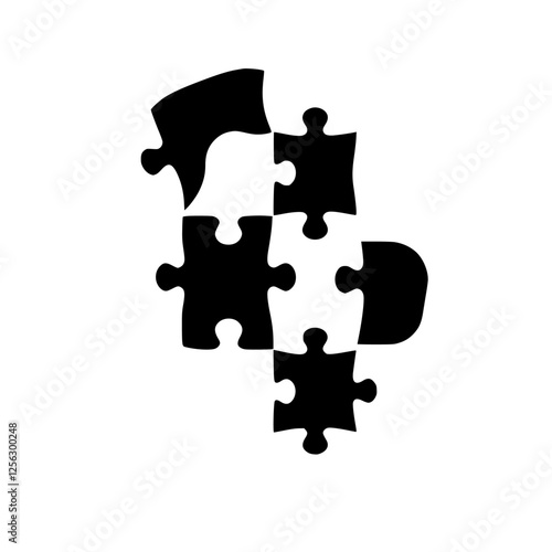 Black and White Puzzle Pieces, Composition with partial assembly on white background.