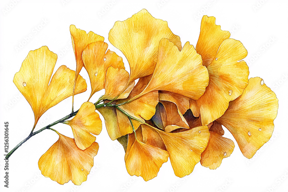 Watercolor painting displaying a branch of vibrant yellow ginkgo leaves, detailed with delicate veins and subtle shading, set against a white background. Watercolor painting displaying a branch of vibrant yellow ginkgo leaves, detailed with delicate veins and subtle shading, set against a white background.