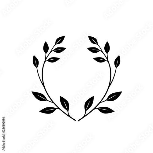 Illustration of a symmetrical wreath design composed of leaves, black on white, leaves arranged in a circular shape.