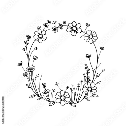 Simple floral wreath with drawn outline, black and white, circle frame, and flower border.