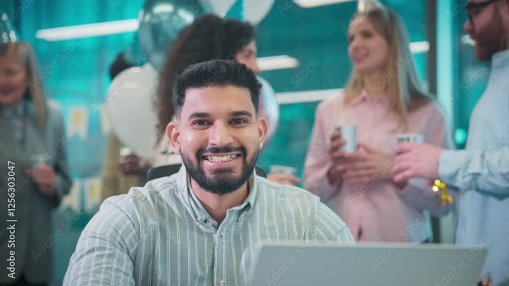 custom made wallpaper toronto digitalSerious Caucasian male sitting at his desk. People in background having big party. Man glancing at camera and smiling widely with joy. Team celebrating birthday or successive achievement.