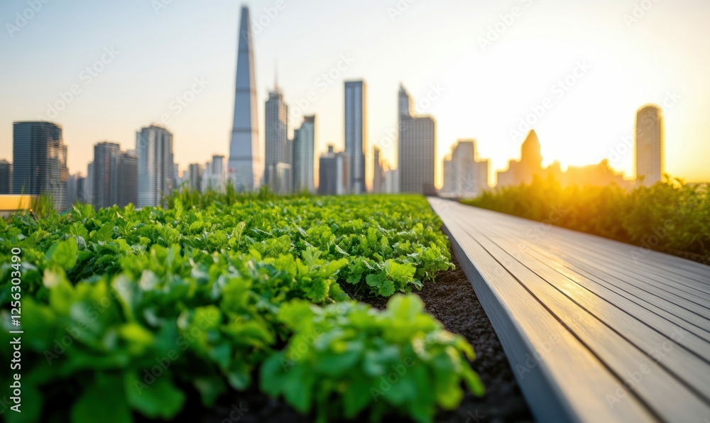 Fototapeta premium Urban Rooftop Garden with Sustainable Design and Modern Architecture in Daylight