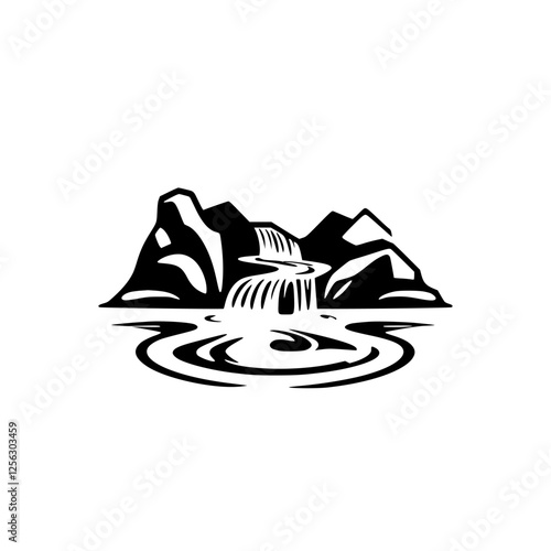 Waterfalls Cascade Among Mountains and Reflect in Tranquil Waters: Black and White Illustration