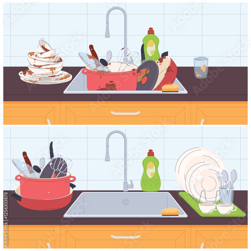 Sink in the kitchen. A pile of unwashed dishes with food stains and detergents. Dishes after dinner and after washing. Advertisement of detergent. Vector illustration