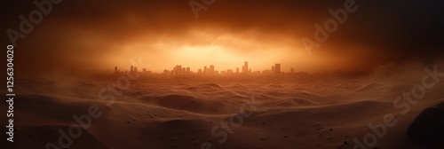 Sandstorm engulfing desert city with diminished visibility