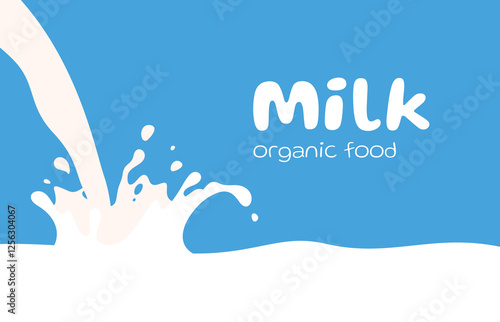 Banner Milk natural production. Spilled and splashed milk. Splashes of white fresh delicious milk drink. Rural ecological products. Vector illustration