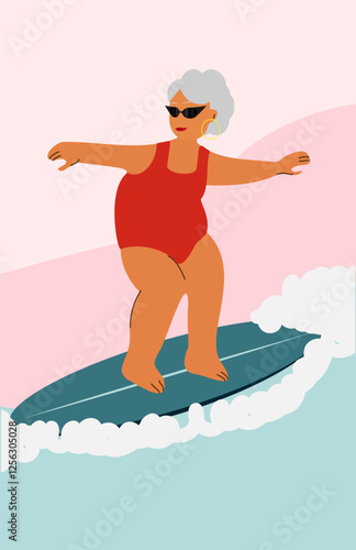 old woman with gray hair in a swimsuit is surfing in ocean, beach. Cool and funny grandma with summer concept. Vector
