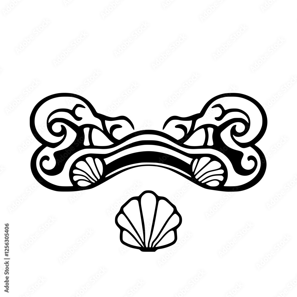 Fototapeta premium Abstract black & white illustration of a bow-tie shaped design, with a seashell detail. The image has an abstract, Art Nouveau aesthetic.
