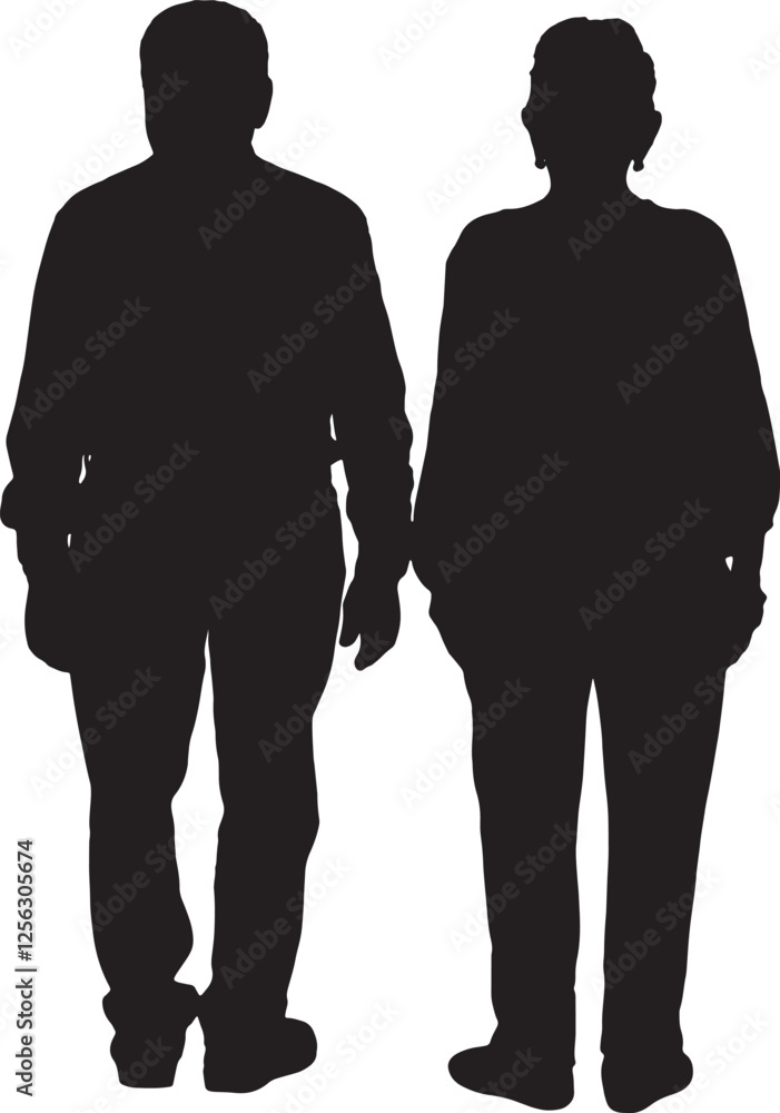 vector; silhouette back view of senior couple standing vector; silhouette back view of senior couple standing