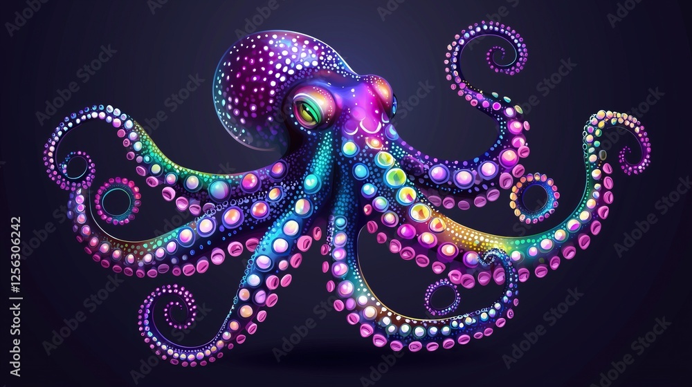 Obraz premium vibrant octopus with swirling tentacles glows against dark background spectrum of rainbow colors and mesmerizing patterns