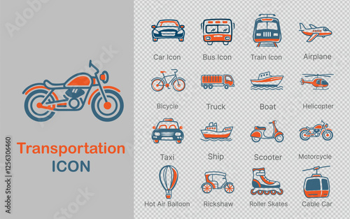 hand-drawn doodle style transportation icon set with vehicles like cars, trains, trucks, airplanes, scooters, and more. Ideal for travel apps, vehicle navigation, or creative transportation-themed