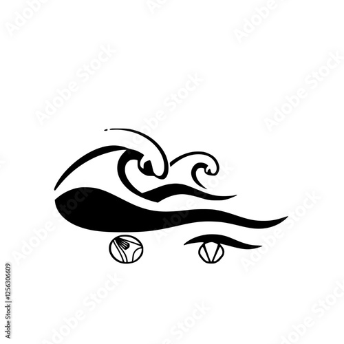 Abstract black ink stylized composition of ocean waves with a minimalist design. The image features a contrasting black and white design, with a simplistic, modern aesthetic and a unique aesthetic sty