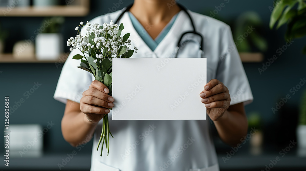 A healthcare professional in scrubs holding a bouquet and a blank card for a message.