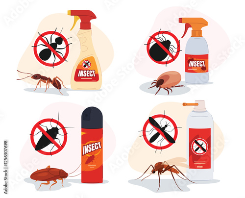 Insect repellent spray. Removal of pests from the house. Cleaning the premises from insects. Vector illustration
