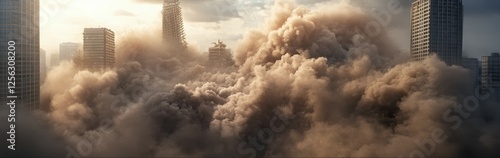 Urban earthquake destruction with collapsed bridges and skyscrapers