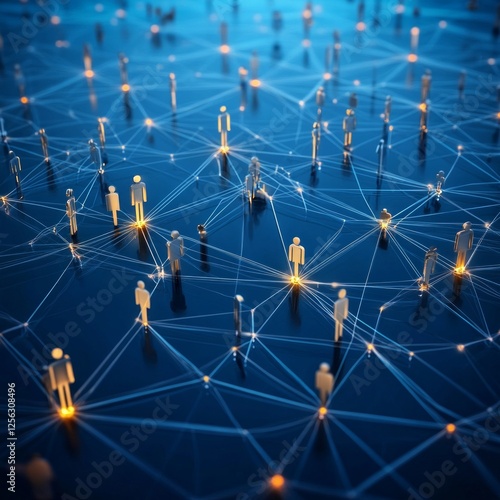 Network of connected figures on blue background illuminated by glowing nodes