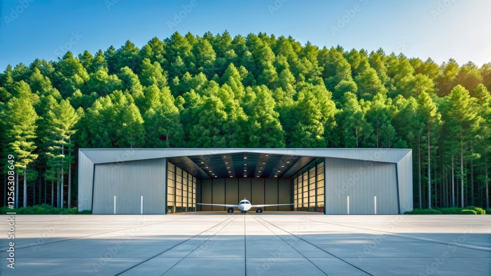 Obraz premium Modern Aircraft Hangar Surrounded by Lush Green Trees under Bright Blue Sky