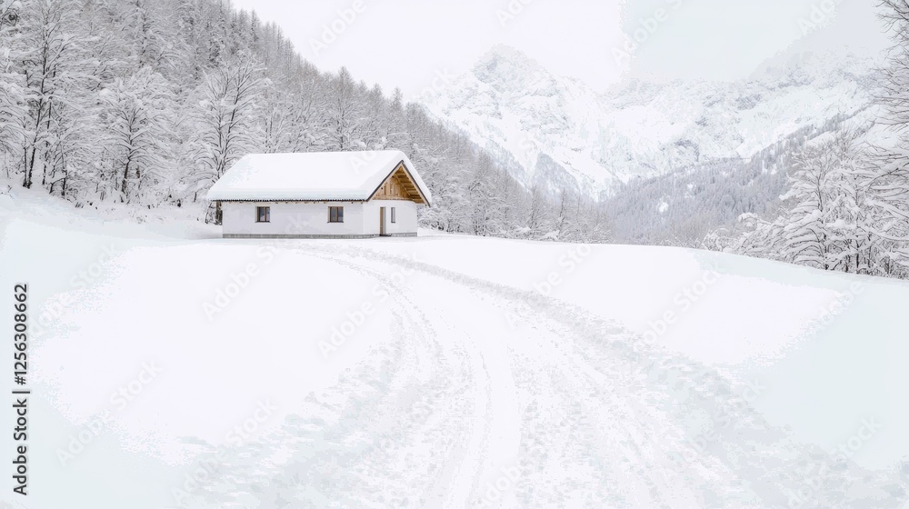 Snowy winter landscape with small cabin Snowy winter landscape with small cabin