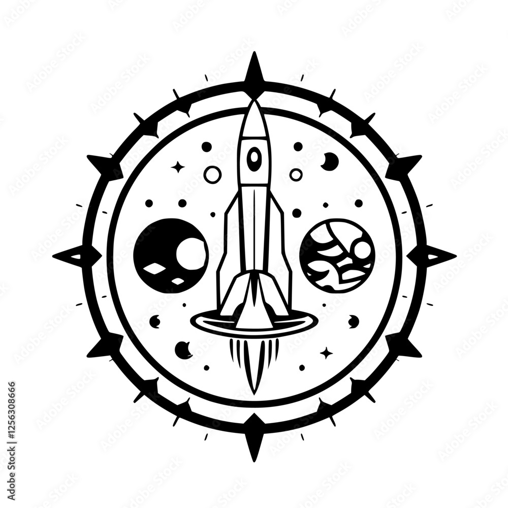 Fototapeta premium Rocket launch in a cosmic compass, surrounded by stars and planets, in a black and white line drawing.