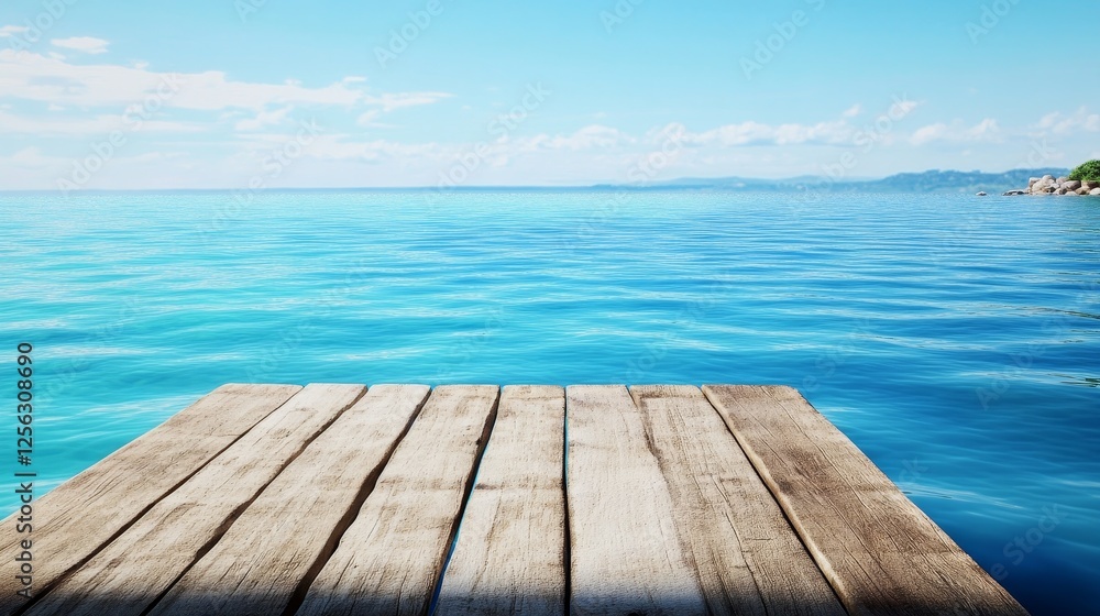 Tranquil Ocean View from Wooden Dock - Serene of a weathered wooden dock extending over a calm, turquoise ocean under a bright sky. Perfect for travel, vacation, or relaxation themes Tranquil Ocean View from Wooden Dock - Serene of a weathered wooden dock extending over a calm, turquoise ocean under a bright sky. Perfect for travel, vacation, or relaxation themes